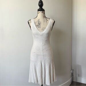 Vintage Express Ivory Ribbed Knit Midi Dress Fit and Flare